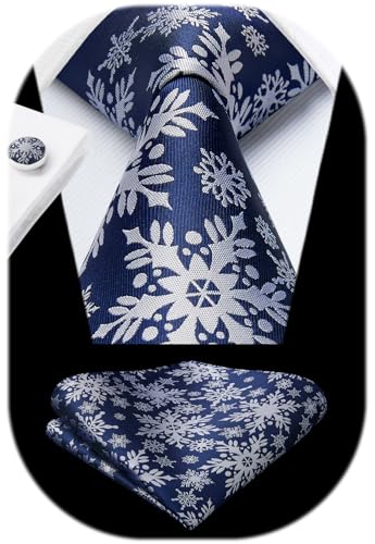 Image of HISDERN Christmas Ties for Men Holiday Tie and Pocket Square Cufflinks Festival Party Xmas Funny Silk Woven Necktie