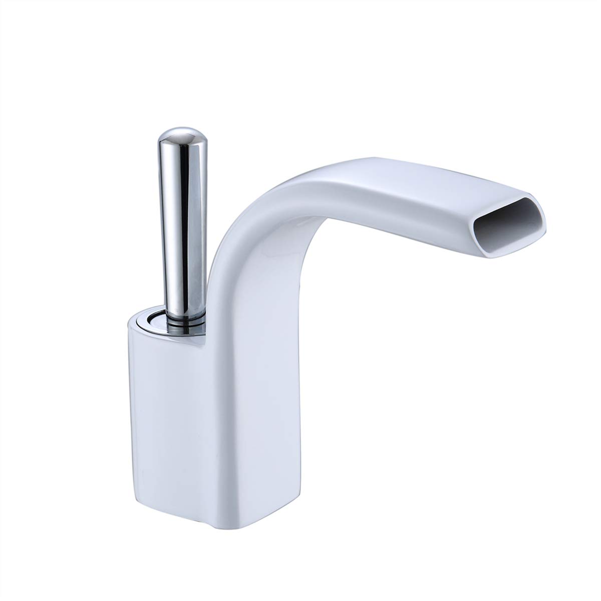 YUELIFE Single Handle Waterfall Bathroom Faucet with Lead Free Brass Body and Wide Spout, Commercial Deck Mounted Bathroom Faucets with Supply Hose, White and
