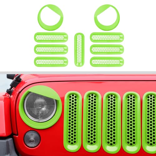 Image of JWWY Front Grille Insert Radiator Grille Grillwork Surround Assembly Inserts Headlight Headlamp Cover Trim Set Fit for 2007-2017 Jeep Wrangler JK JKU Exterior Accessories 9pcs Green