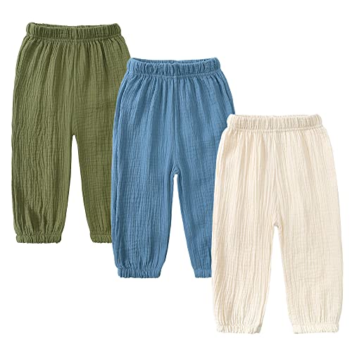Image of Kids Tales 3 Pack Boys Girls Cotton Linen Pants Child Basic Plain Solid Trousers Big Kids Elastic Waist Long Pants Bloomers