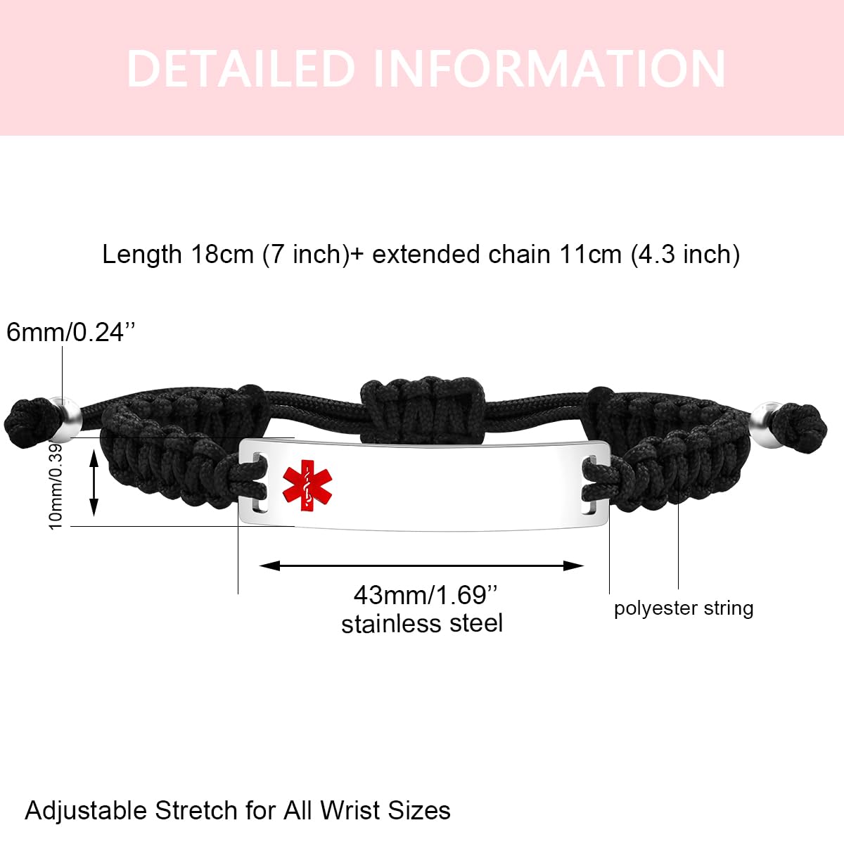 Mayfaith Black Handwoven Carved Type 1 Diabetes Information Warning Bracelet, Men's and Women's Medical Emergency Sign Stainless Steel Bracelet, Birthday and Mother's Day Gift for Family