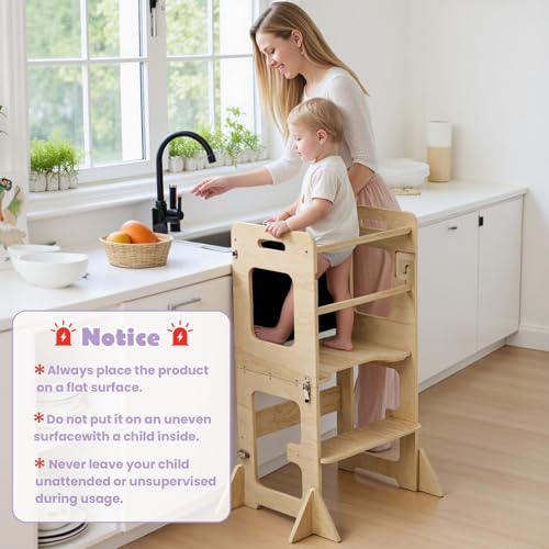 Image of labebe Toddler Standing Tower for 12M+, Montessori Foldable Learning Standing Tower with Blackboard, Anti-tip Structure Design,Wooden Kitchen Step Helper Stool for 1-3 Year Old Boy Girl Gift
