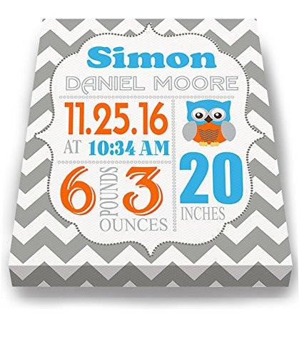 Personalized Stretched Canvas Birth Announcement Gift, Custom Baby Name, Date, Weight Stats, Newborn Nursery Owl Wall Art Decor, Wooden Frame Construction, Ready to Hang 16X20