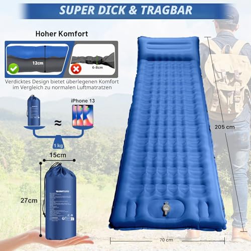 Isomatte Camping, 12CM Verdicktes Aufblasbare Matratze Kleines Packmaß, Wasserdicht Luftmatratze Outdoor mit Fußpressepumpe und Kissen… – Ansicht 2