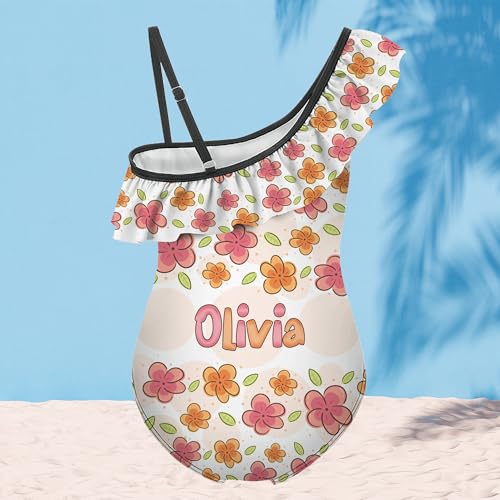 Girls One Shoulder Swimsuit‌‌ Custom Name Personalized Cartoon One Piece Swimwear Bathing Suits for Girl 6-12 Year2