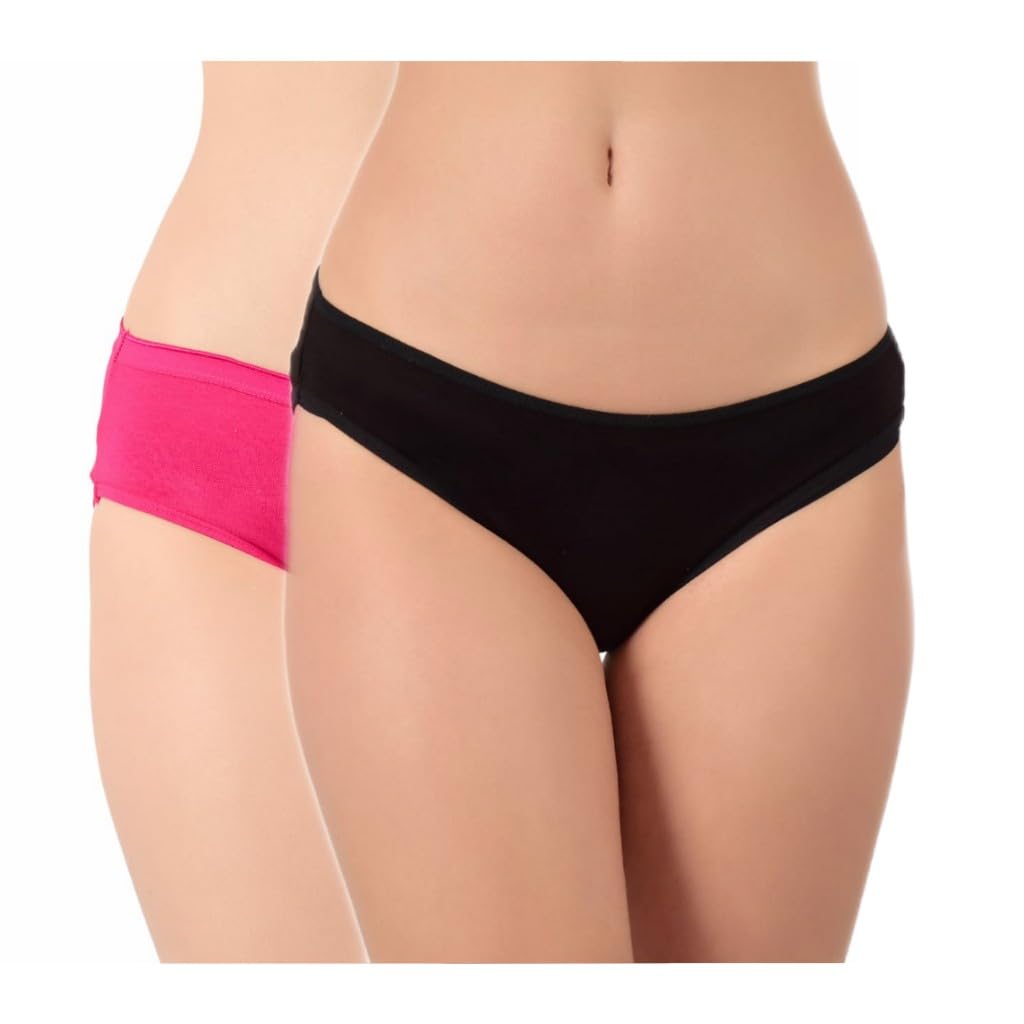 BLACK MEWomen's Medium Coverage Super Combed Cotton Mid Waist Bikini (Pack of 2_Colors_Black & Pink)