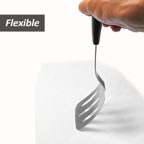 Miniatura 6 de VOVOLY - Espátula flexible de acero inoxidable, espátula ranurada de metal fino para sartén de hierro fundido, hoja fina y mango de silicona
