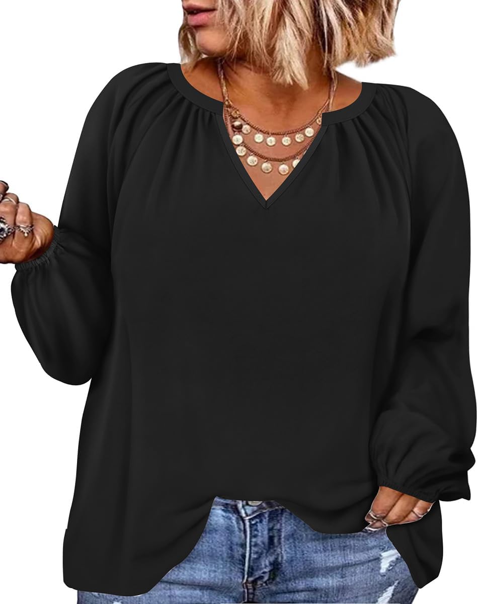 TIYOMI Plus Size Blouses for Women Sexy V Neck Flowy Long Sleeve Blouse Dressy Work Shirts Business Casual Work Shirt XL-5XL #9_ F0201_ Pl _ Hei X-Large