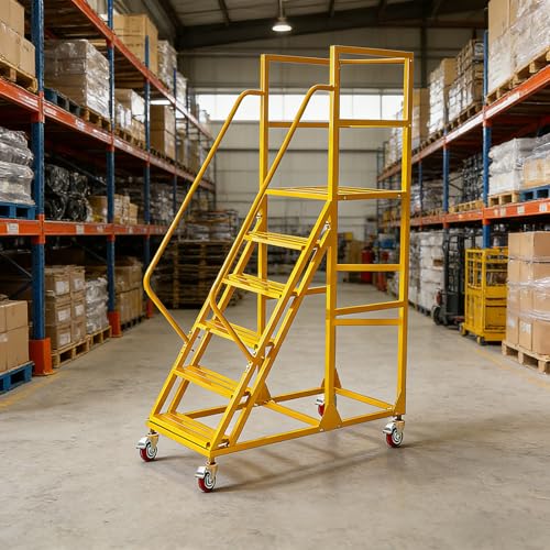 Image of Rolling Ladder with Wheels, Mobile Rolling Stairs with Handrail for Industrial Warehouse, Rolling Steps Ladder with Fence, for High Shelf Aisles, Warehouses, Supermarkets, Libraries (Yellow, 6 Steps)