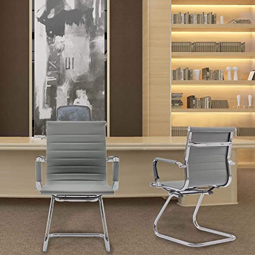 Image of Conference Room Chairs Set of 6, Waiting Room Chairs with Arms, Faux Leather Reception Chairs No Wheels, Office Guest Chairs with Mid Back Support and Chrome Sled Base, Grey