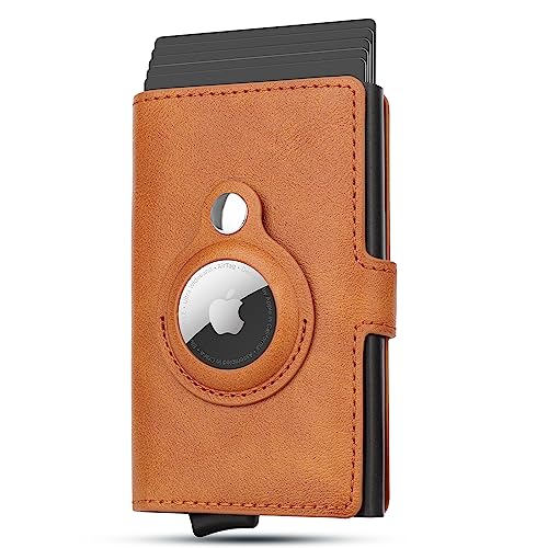 FIDWALL AirTag Wallet Tarjetero para Hombre, Tarjetero de Cuero con Bloqueo RFID, Tarjetero de Metal desplegable (Marrón)