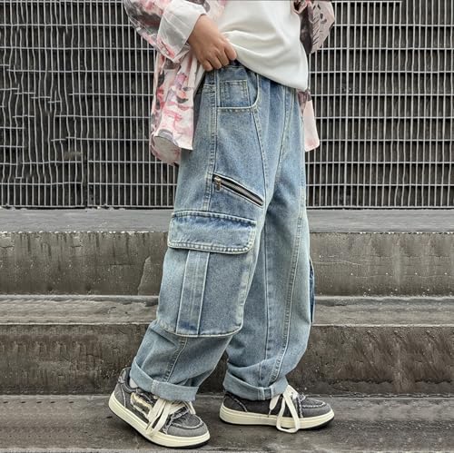 Baggy Cargo Jeans for Kids Boys Elastic Waist Flap Pocket Casual Wide Leg Pull On Denim Pants 4-13 Years4