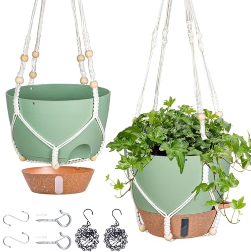 Fielda 10 Inch Hanging Planters for Indoor Plants, 2 Pack Self Watering Hanging Baskets Flower Pots with Drainage Hole, Visual Reservoir & 2 Kinds of Plant Hanger for Outdoor Garden Home Decor