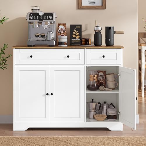 VASAGLE Collection - Storage Cabinet Farmhouse Buffet Cabinet with 2 Drawers and Adjustable Shelves 3 Doors Sideboard Coffee Bar 40 x 107 x 80 cm Cloud White SIREN LSC531WH01