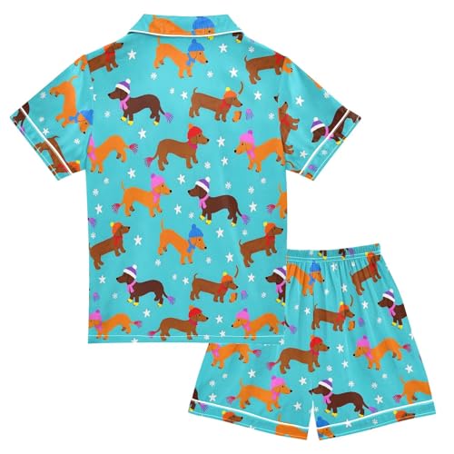 Cute Dachshund Hats Pattern Summer Satin Pajama Set, Cute Button-Down Sleepwear Pj Set for Sleep Wears2