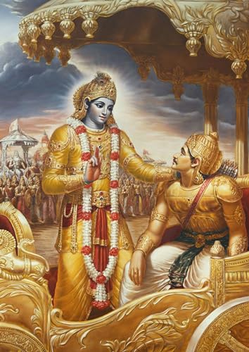 Image of Krishna Divine Wall Art Poster | Shri Krishna Ran Bhumi with Arjun Mahabharat Geeta Gyan | Divine Artwork for Home, Temple, and Meditation Spaces | 350GSM Paper (A5 21L x 14.8W)