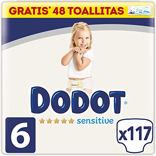 Dodot Pañales Bebé Sensitive Talla 6 (+13 kg), 117 Pañales, Óptima Protección de la Piel de Dodot, Pack Mensual