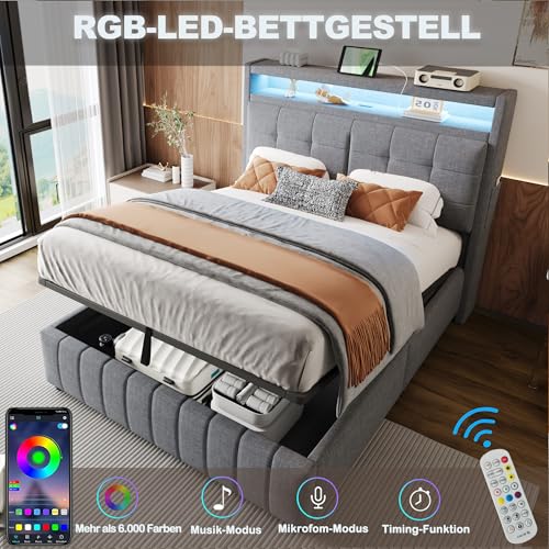 LAKFEW Polsterbett 140x200 cm, Doppelbett Stauraumbett mit LED-Beleuchtung und USB-Steckdose, Funktionsbett mit Hydraulischem Stauraum und Regal und Lattenrost, Grau, Ohne Matratze, Leinen – Bild 5