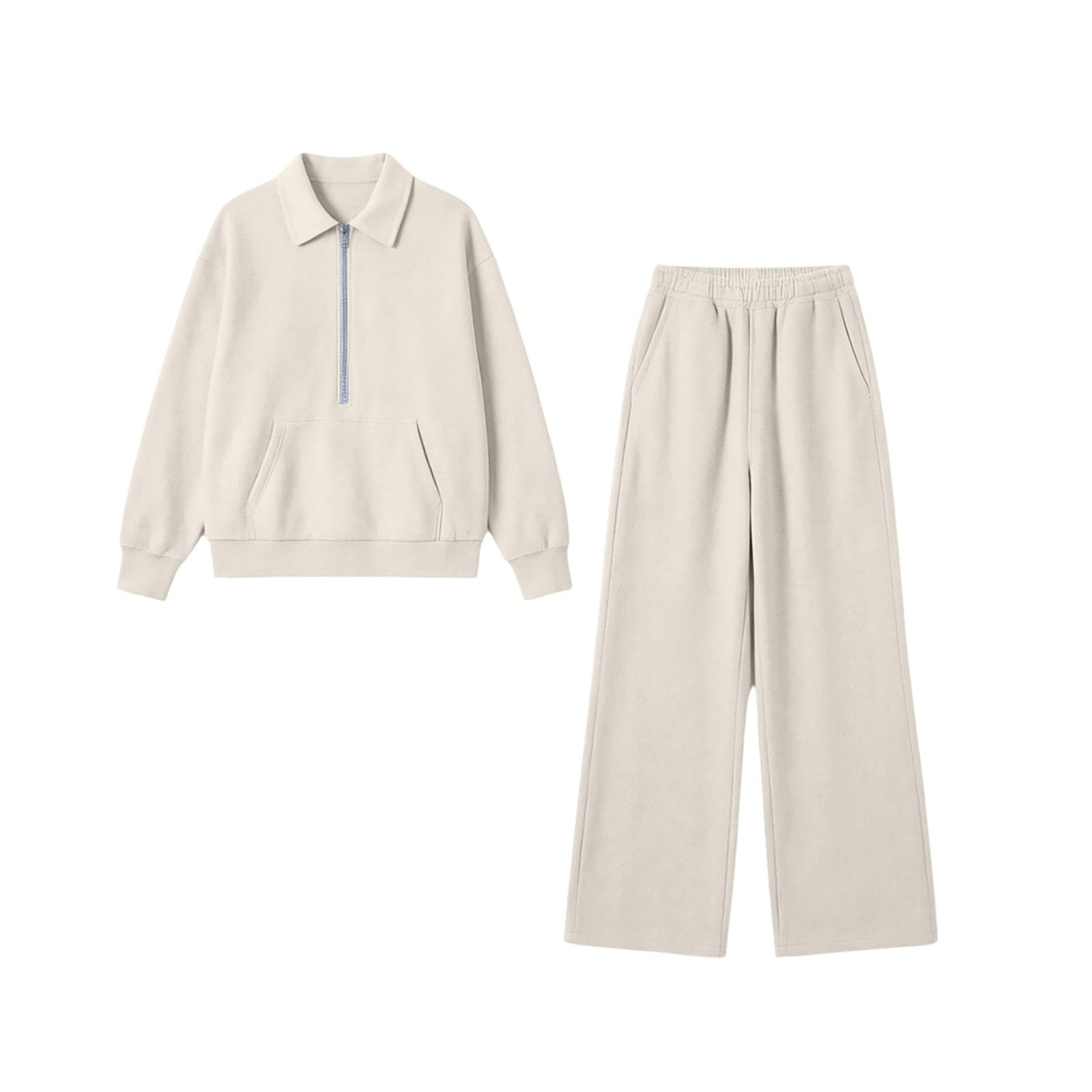 Tuta da donna, set completo con felpa a mezza zip, pantaloni da jogging a gamba larga, 2 pezzi, in pile sottile, caldo, con colletto con risvolto, set casual allentato per palestra, allenamento