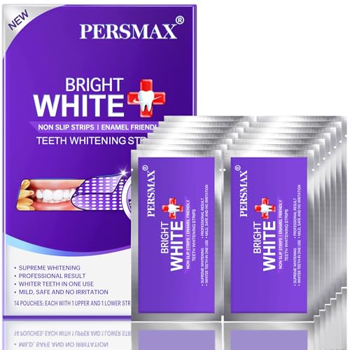 Image of PERSMAX Purple Teeth Whitening Strips, 14 Treatment, 28 Non-Slip Strips Kit | Professional Gum-Safe Formula, Pain-Free Express White in 30 Min for Sensitive Teeth, Easy to Use for Bright White Smile