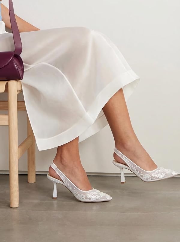 Viciously Vixen Women’s Wedding Shoes for Bride, 2.5 Inch Kitten Heels, Slingback Pumps, Rhinestone and Embroidered Bridal Heels, Elegant Dress Shoes for Evening and Parties, White Embroidery, 8 by Viciously Vixen - Used condition - Image 2