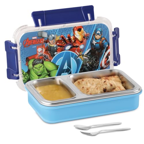 Image of JAYPEE Toon Box 2 Marvel Series Power Heroes Inner Stainless Steel Insulated Lunch Box for School Kids |Airtight Leakproof Tiffin Box with 2 Additional Lock |Food Grade|BPA Free, 545 ml, Sky Blue