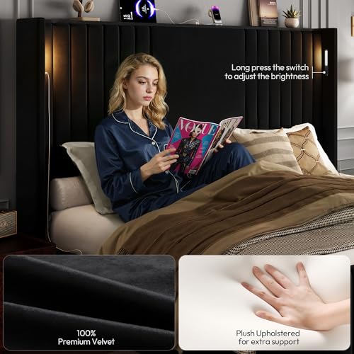 Image of Queen Bed Frame with 55.1 inch Tall Headboard, Velvet Upholstered Platform Bed with Channel Tufted Wingback, 2 Reading Lights /Storage Shelf /Charging Station /Easy Assembly /Noise-Free, Black