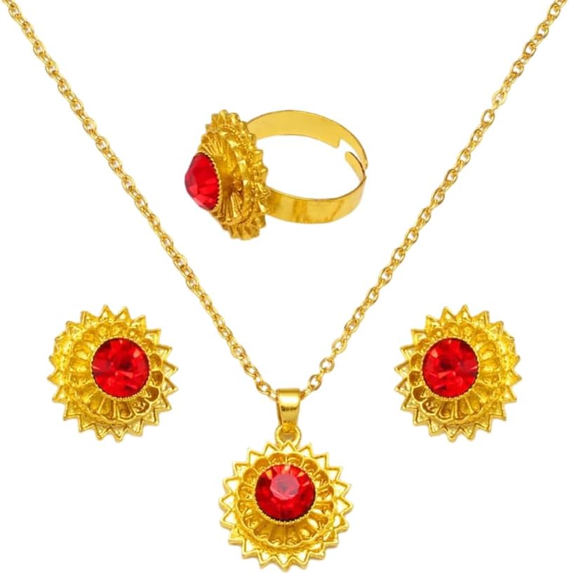 14K Filled Gold Eritrean Jewelry Set For Women, 925 Sterling Silver Square Heart Circle Ethiopian Jewelry Set Necklaces Earrings Rings African Eritrean Habesha image 2