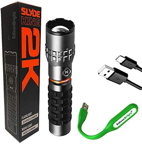 EdisonBright NEBO Slyde King 2K 2000 Lumen Flashlight / 500 Lumen worklight 2-in-1 Rechargeable high Power LED Flashlight WLT-1003 USB Powered LED Reading Light Bundle