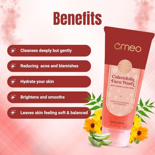 Image of Omeo Calendula Face Wash 100ml | Anti Acne & Oil Control Face Wash for Normal to Oily Skin | With Calendula, Neem Seed, Aloe Vera & Berberis | Gentle Daily Cleanser for Men & Women | Dermatologically Tested, Paraben & Cruelty Free