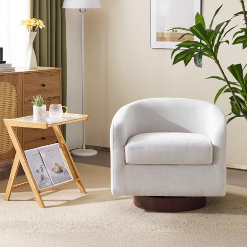 VINGLI 360°Swivel Accent Chair with Engineered Wood Base and Removable Cushion for Living Room, Bedroom, Curved Back Barrel Chair for Small Space, Upholstered Bucket Armchair, Linen Beige