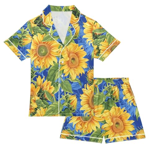 ALAZA Sunflower Blue Pajamas Satin Pajama Set Short Sleeve Button Down Sleepwear