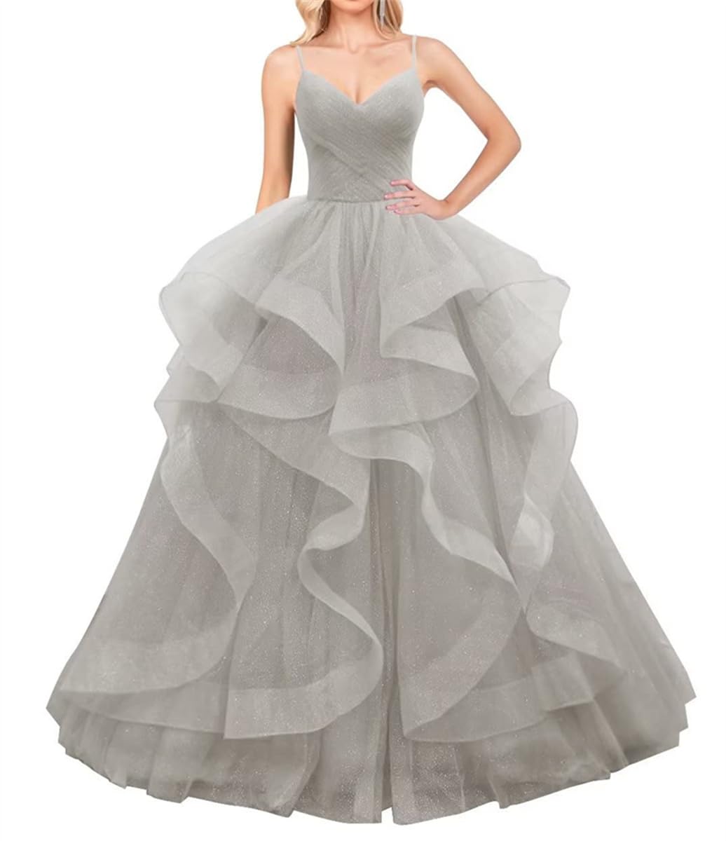 Wseyu Women's Silver Tulle Bridesmaid Dresses With Layered V Neck Spaghetti Strap Pageant Dress For Wedding Ball Gowns Uk18