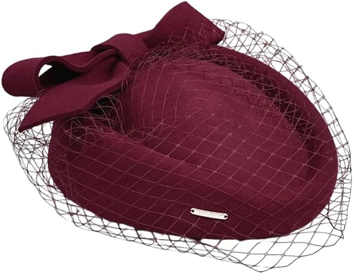 Womens Wool Felt Hat Winter Beret Elegant Hat with Veil for Formal Cocktail Church Wedding