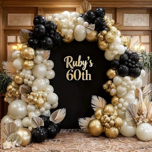 Image of Black White Gold Balloon Garland Double Stuffed, Pearl Sand Champagne Gold Balloons Cream Beige Balloon Arch Kit for Birthday Graduation Wedding Bachelorette Engagement Party Decorations