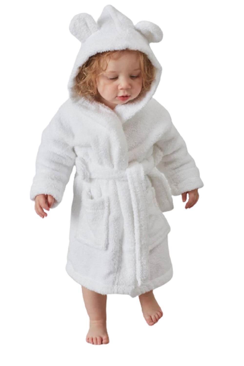 Great Knot Boys White Luxury Kids Bath Robe 100% Cotton & Girls Hooded Bathrobe Terry Towelling Dressing Gown Hood With Ears (, 7-8 Year)