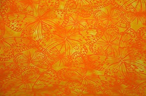 Thimbles Fabric | Yellow/Orange 100% Cotton Indonesian Bali Batik Melody Fabric Butterflies Printed Tie & Dyed Gradient Dip Dye Crafts Dressmaking Art Quilting Fabric- Sold by The Quarter Metre