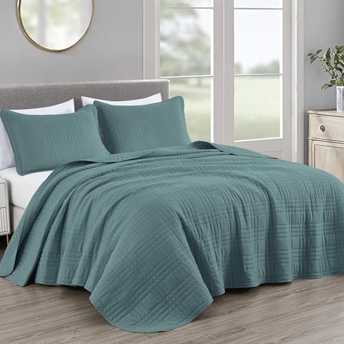 Chezmoi Collection Kingston King Size Bedspread Set, 3-Piece Blue Oversized Quilted Microfiber Lightweight Bedspread Coverlet (118