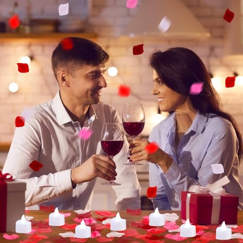 Image of Coume 6000 Pieces Artificial Rose Petal 72 Pieces LED Tealights Candle, Romantic Decorations Special Night Rose Petal Heart Candle for Valentines Wedding Anniversary Proposal Decor(White Light)