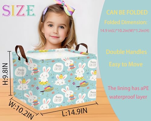 Image of Large Rectangular Easter Baskets Empty Waterproof Boy Toy Box Foldable Kid's Gifts Storage Bin Spring Room Decor(Flower Rabbit Holding Egg)