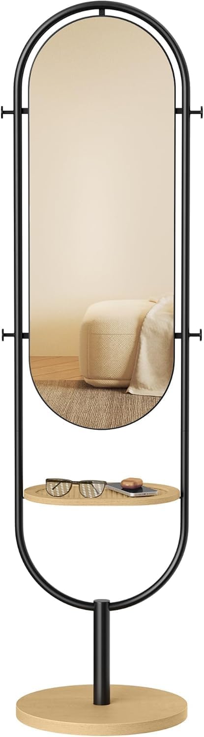 Full-Length Floor Mirror 3-in-1 Modern Standing Full Body Mirror Award Winning Design 16.5 x 18.9 x 68.9 Inches Oak Beige and Ink Black-image-32