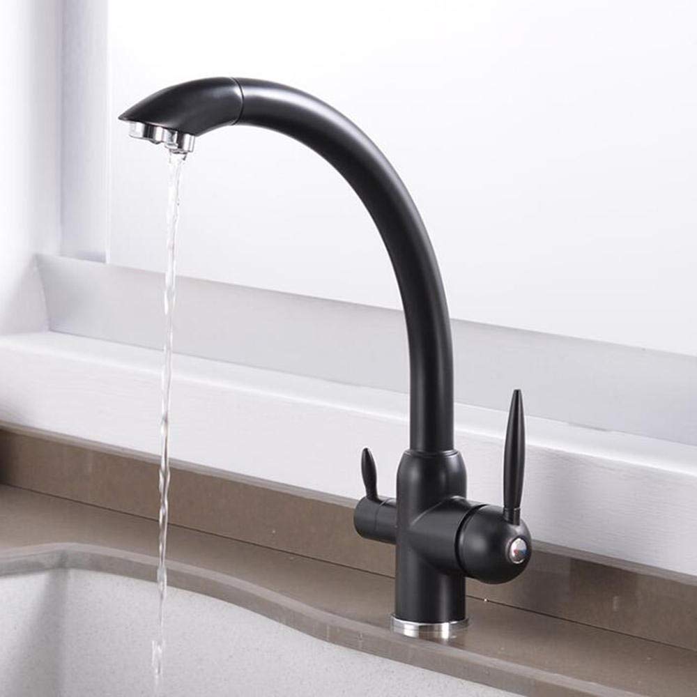 WDSOPK 3 Way Water Filter Tap Kitchen Taps 3 in 1 Kitchen Brass Hot and Cold Rotatable Faucet with Direct Drinking Water Purification Basin Faucet-Brushed (Black A)