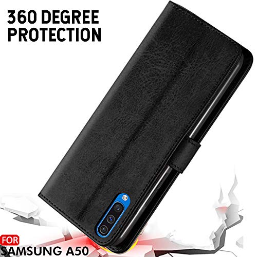 Image of TheGiftKart Genuine Leather Finish Flip Cover for Samsung Galaxy A50s / A50 / A30s | Inside Pockets & Inbuilt Stand | Wallet Style Back Case | Designer Button Magnet Closure (Black)