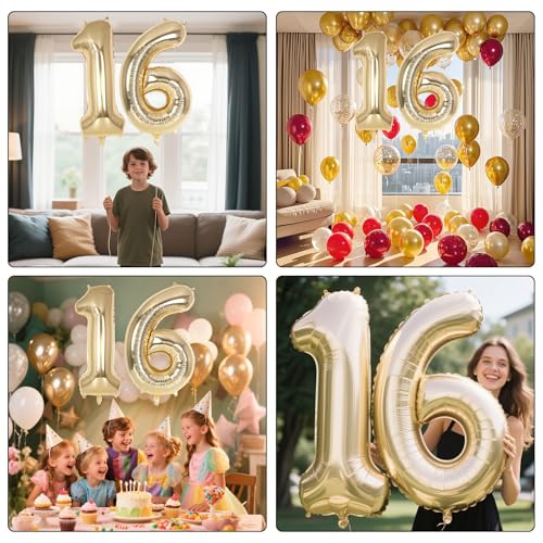 Image of Champagne Gold Large Number 16 Balloon, 40 Inch Light Gold Foil Helium Number Balloons, Giant Mylar Number 16 Balloons for 16 Years Old Birthday Party Anniversary Decorations (Champagne Gold 16)