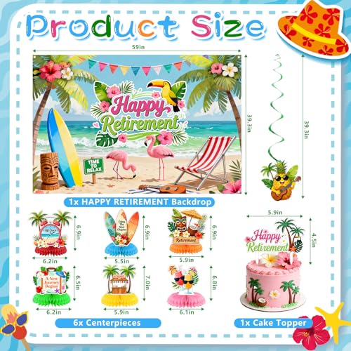 Image of Luau Hawaiian Retirement Party Decorations Tropical Happy Retirement Banner Backdrop with Honeycomb Pom Poms Centerpieces Hanging Swirls Beach Summer Retirement Party Supplies