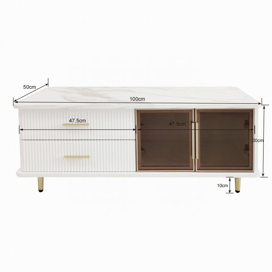 BTM Table Basse Salon avec LED, Table Basse Blanc Moderne avec 2 Portes et 2 Tiroirs, Texture Marbré et Designs Dorés, Charge 80kg, 100x50x40 cm, Blanc
