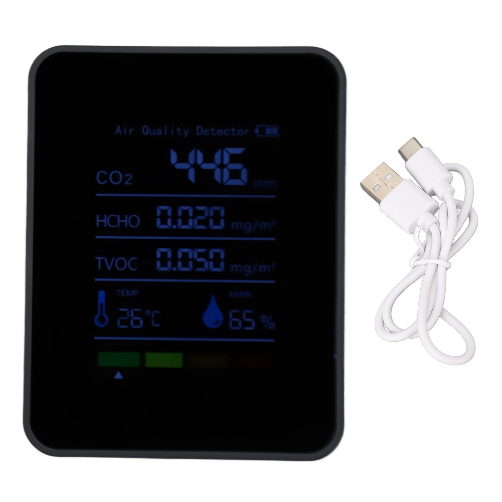 Detecteur CO2 Détecteur de Dioxyde de Carbone Capteur CO2 5 en 1 Moniteur de Qualité de l'air Intérieur à Piles, HCHO TVOC Température et Humidité pour Voyage, Maison, Voiture