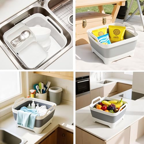 Image of Foldable Dish Basin with Drain Plug, 9L 2.4 Gallon Compact Portable Wash Tub Dishpan Space-Saving Sink Tray for Kitchen Storage Grey