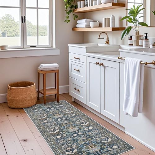 2x5 Decorative Vintage Hallway Runner: Washable Oriental Pet-Friendly Soft Carpet for Bathroom Bedroom Non-Slip Laudry Floor Mat - Low Pile Non-Shedding Rug for Apartments & Homes(2x5,Floral/Blue)