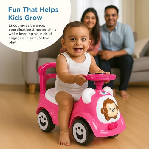 Image of Mee Mee Safari Cruze Ride on for Kids with Light Button,Music & Horn Steering, Push Car for Baby with Backrest, Safety Guard, Under Seat Storage & Big Wheels, for Kids 1-3 Yrs Upto 25 Kgs (Pink)